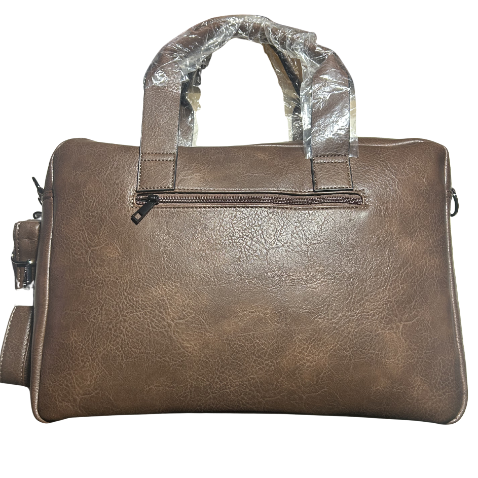 Camel Mountain Laptop Bag: Large DARK BROWN PU Leather with Adjustable Strap BACK