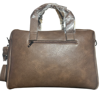 Camel Mountain Laptop Bag: Large DARK BROWN PU Leather with Adjustable Strap BACK