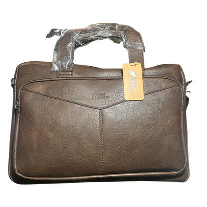 Camel Mountain Laptop Bag: Large DARK BROWN PU Leather with Adjustable Strap FRONT