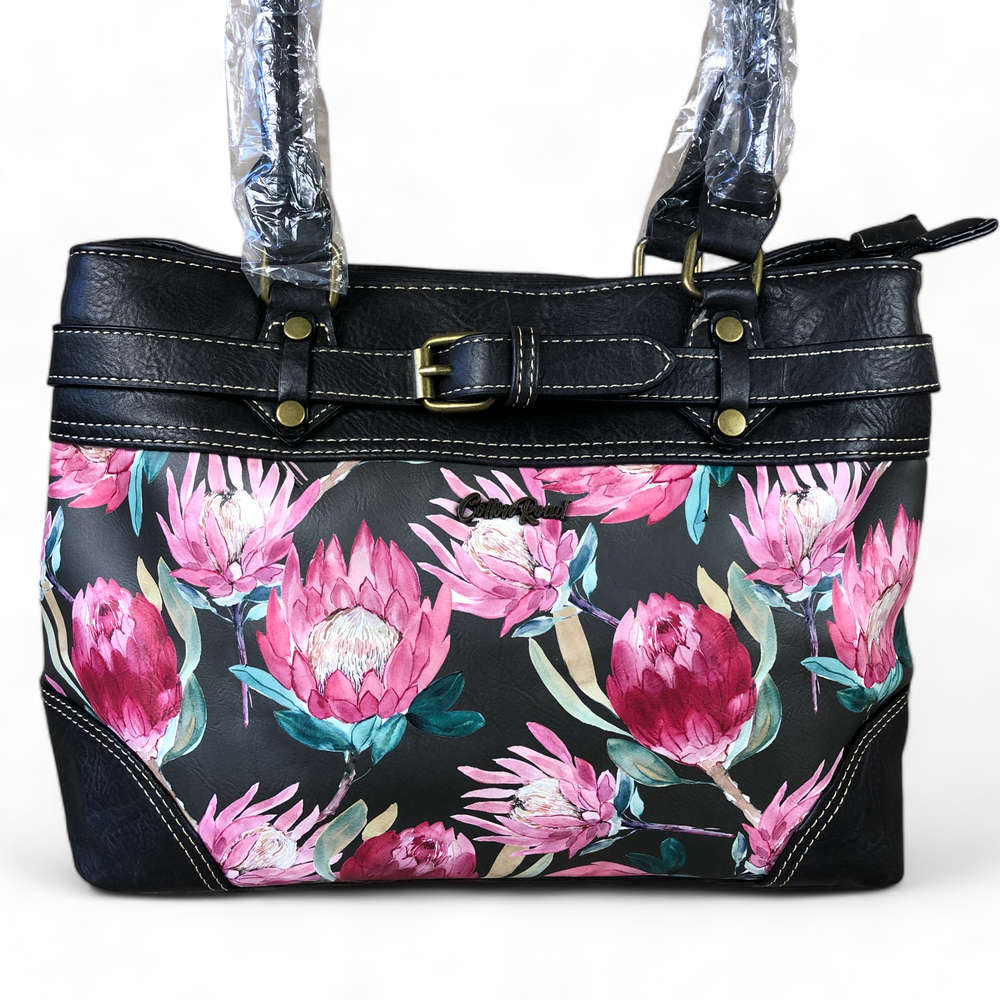 Cotton Road BLACK PROTEA PU Leather Handbag with BUCKLE detailing