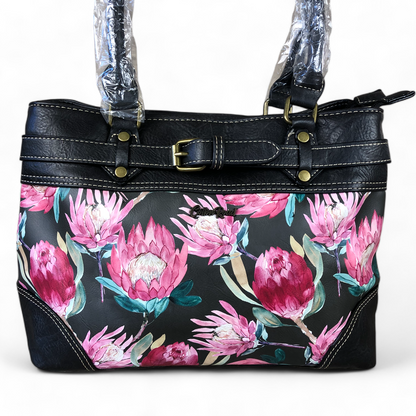 Cotton Road BLACK PROTEA PU Leather Handbag with BUCKLE detailing