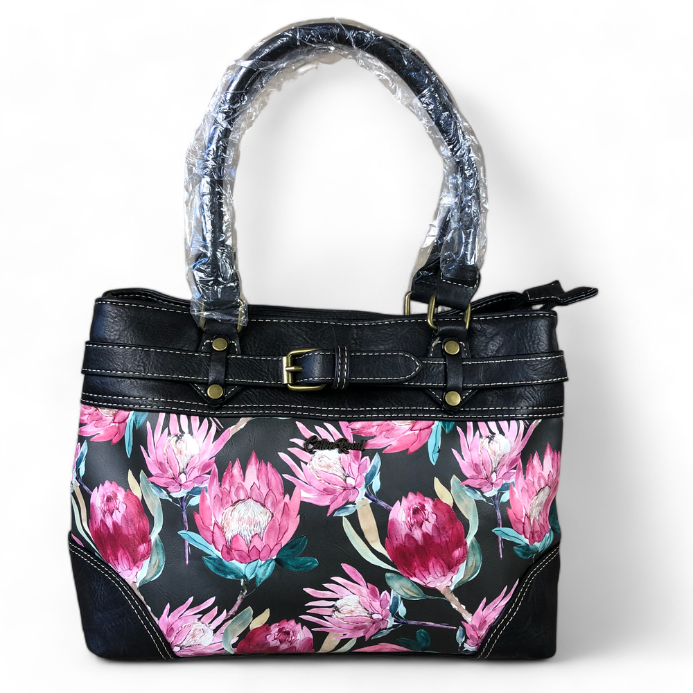 Cotton Road BLACK PROTEA PU Leather Handbag with BUCKLE detailing