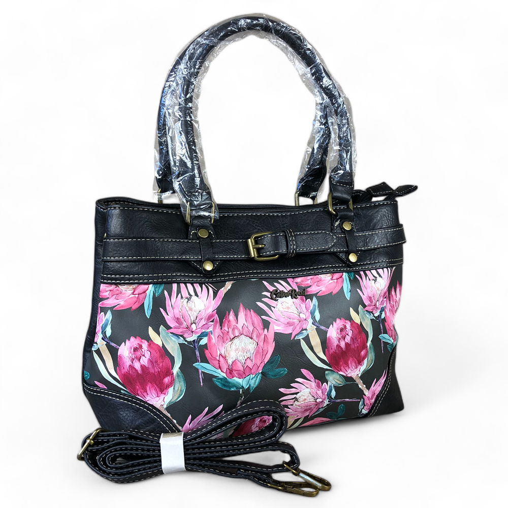 Cotton Road BLACK PROTEA PU Leather Handbag with BUCKLE detailing