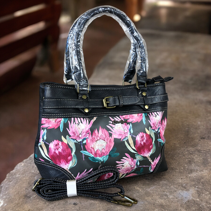 Cotton Road BLACK PROTEA PU Leather Handbag with BUCKLE detailing