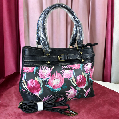 Cotton Road BLACK PROTEA PU Leather Handbag with BUCKLE detailing