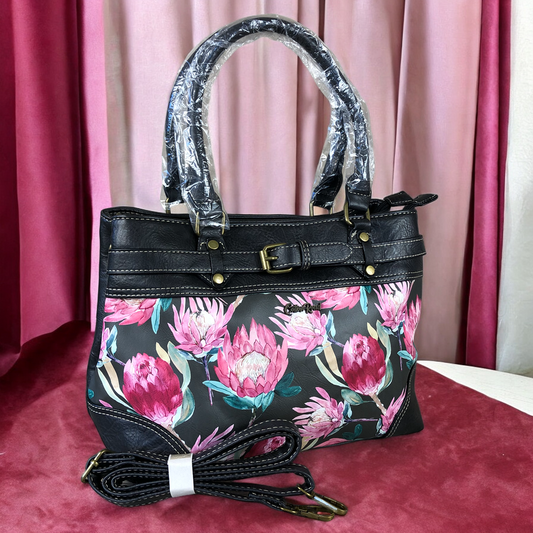 Cotton Road BLACK PROTEA PU Leather Handbag with BUCKLE detailing