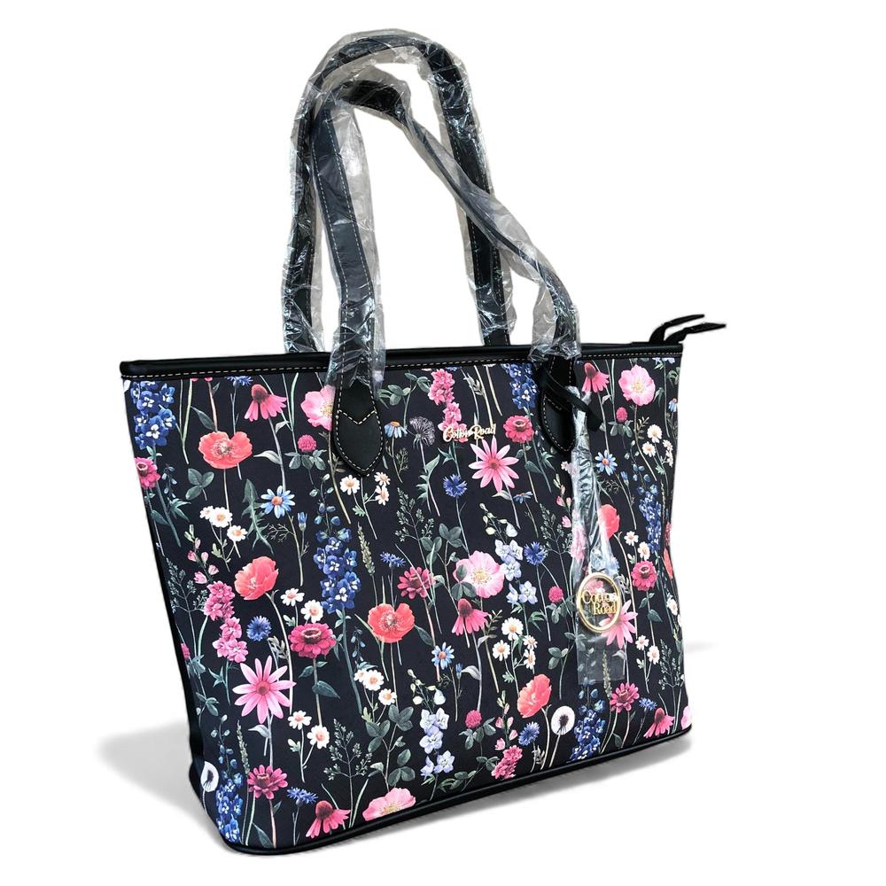 Cotton Road BLACK PU LEATHER Handbag with FLORAL Panel