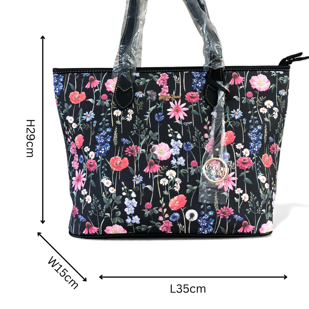 Cotton Road BLACK PU LEATHER Handbag with FLORAL Panel
