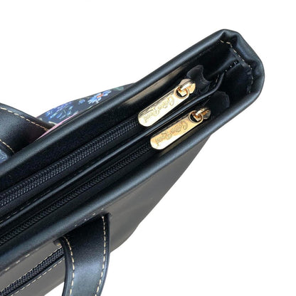 Cotton Road BLACK PU LEATHER Handbag with FLORAL Panel