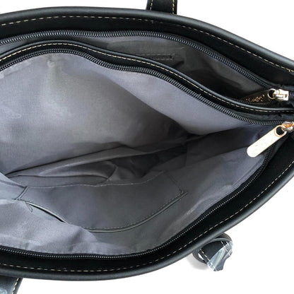 Cotton Road BLACK PU LEATHER Handbag with FLORAL Panel