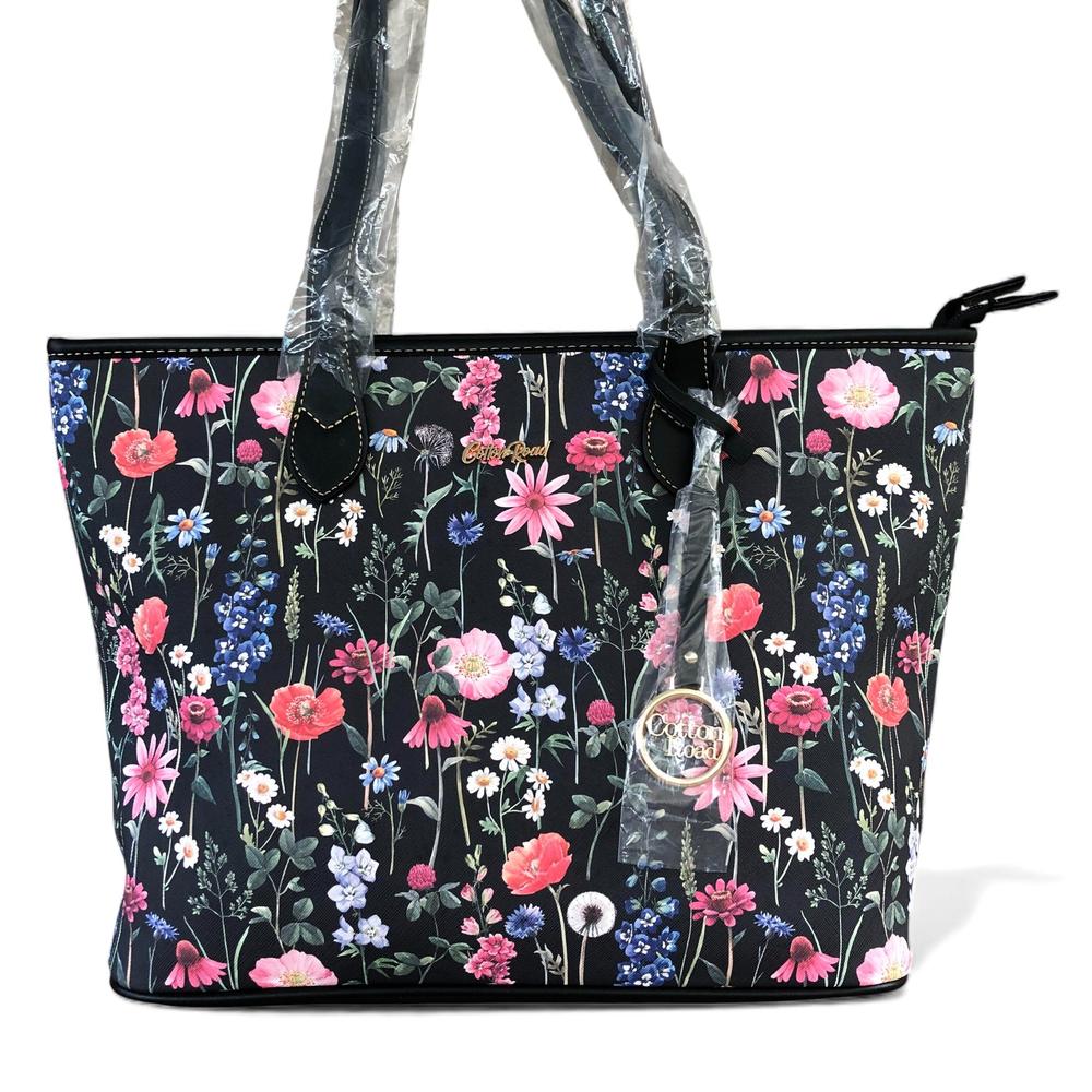 Cotton Road BLACK PU LEATHER Handbag with FLORAL Panel