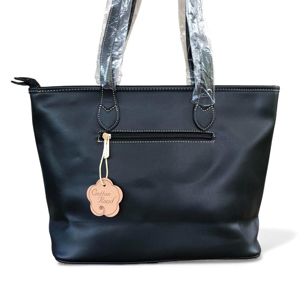 Cotton Road BLACK PU LEATHER Handbag with FLORAL Panel