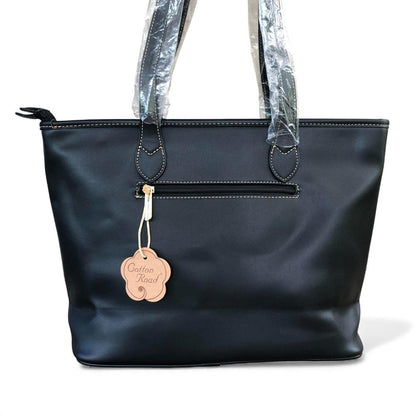 Cotton Road BLACK PU LEATHER Handbag with FLORAL Panel