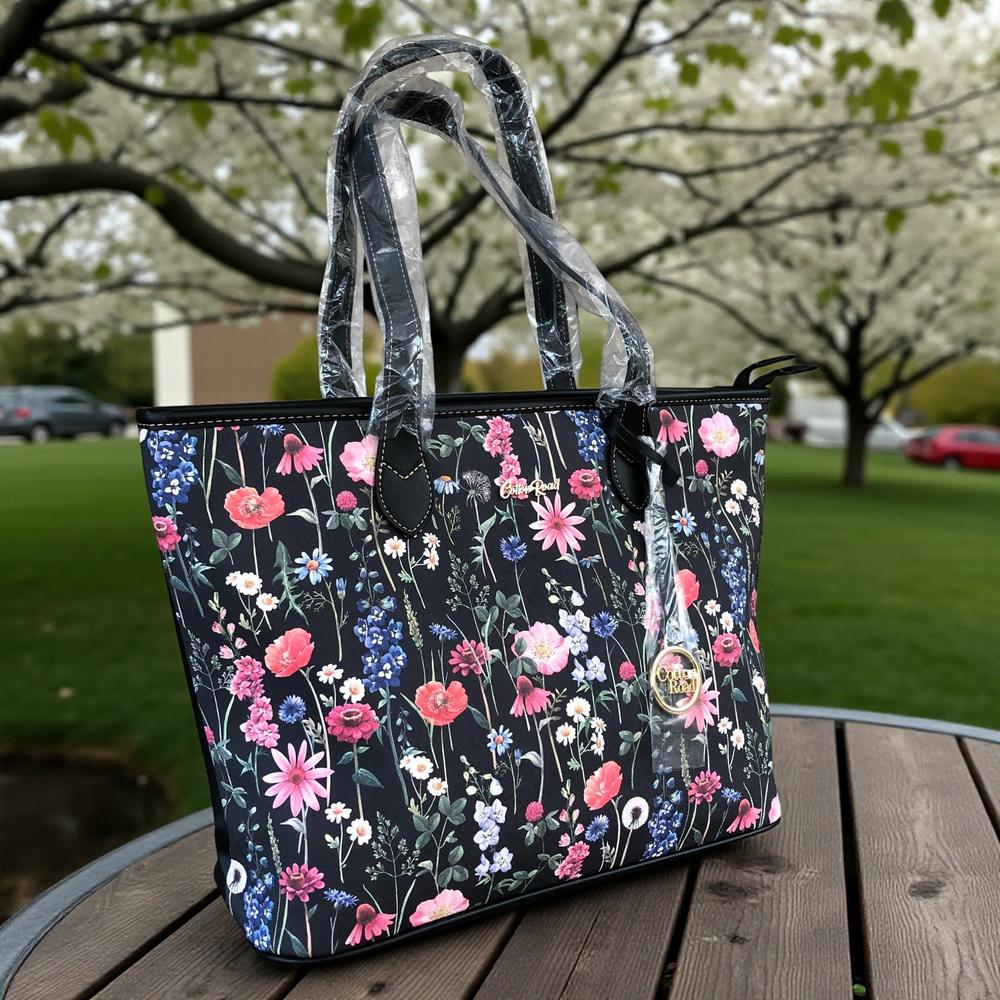 Cotton Road BLACK PU LEATHER Handbag with FLORAL Panel