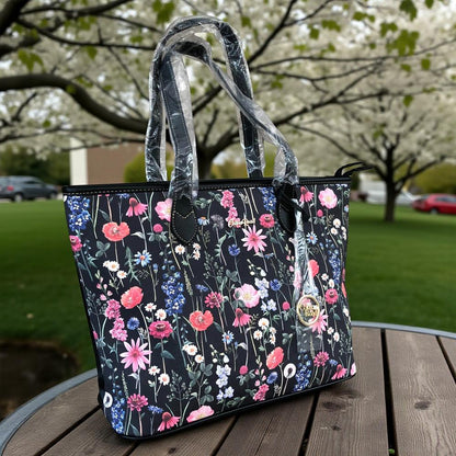 Cotton Road BLACK PU LEATHER Handbag with FLORAL Panel