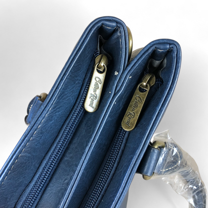 Cotton Road BLUE PAISLEY PU Leather Handbag with BUCKLE detailing