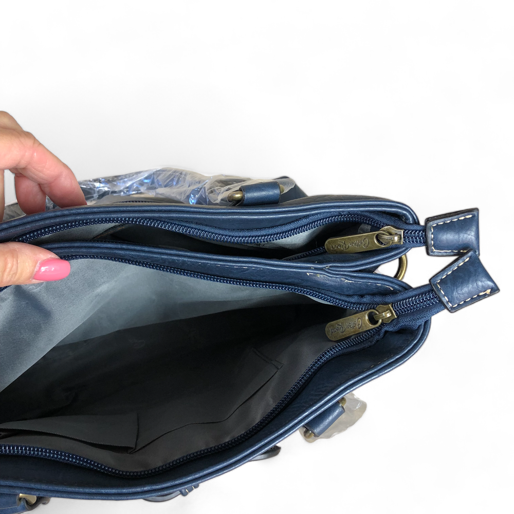 Cotton Road BLUE PAISLEY PU Leather Handbag with BUCKLE detailing