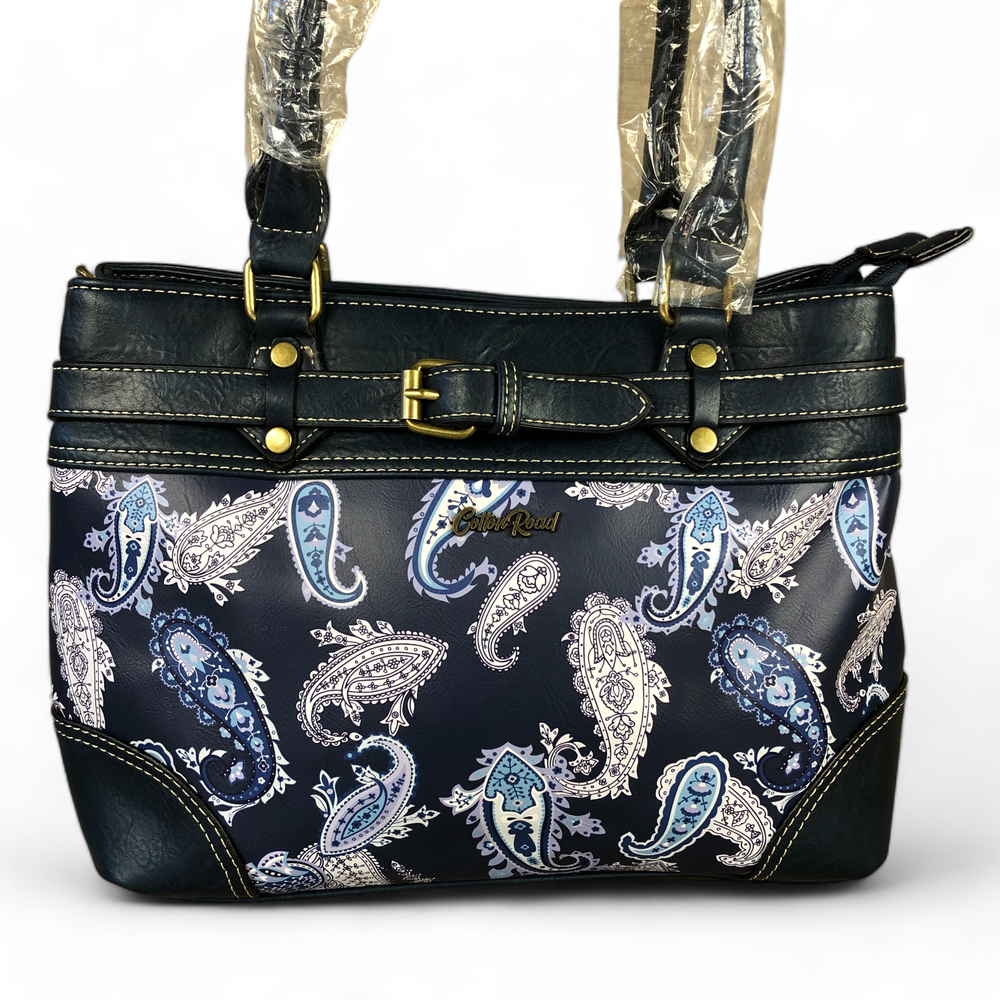 Cotton Road BLUE PAISLEY PU Leather Handbag with BUCKLE detailing