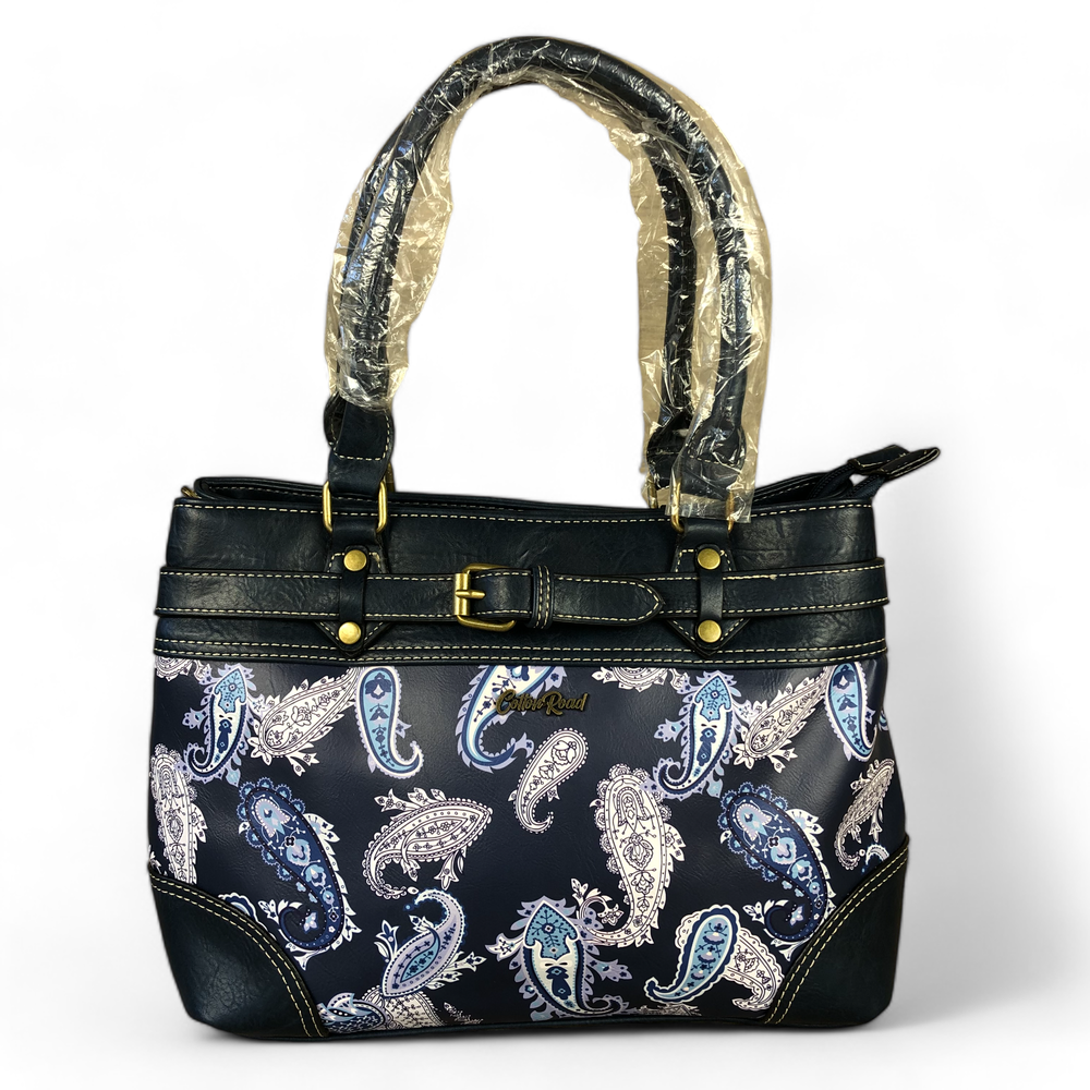 Cotton Road BLUE PAISLEY PU Leather Handbag with BUCKLE detailing