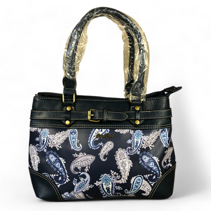 Cotton Road BLUE PAISLEY PU Leather Handbag with BUCKLE detailing