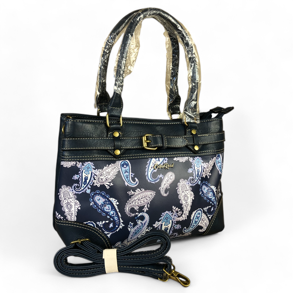Cotton Road BLUE PAISLEY PU Leather Handbag with BUCKLE detailing