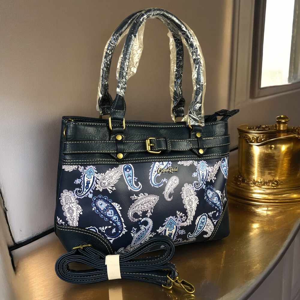 Cotton Road BLUE PAISLEY PU Leather Handbag with BUCKLE detailing
