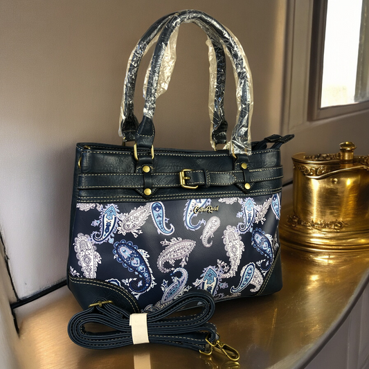 Cotton Road BLUE PAISLEY PU Leather Handbag with BUCKLE detailing