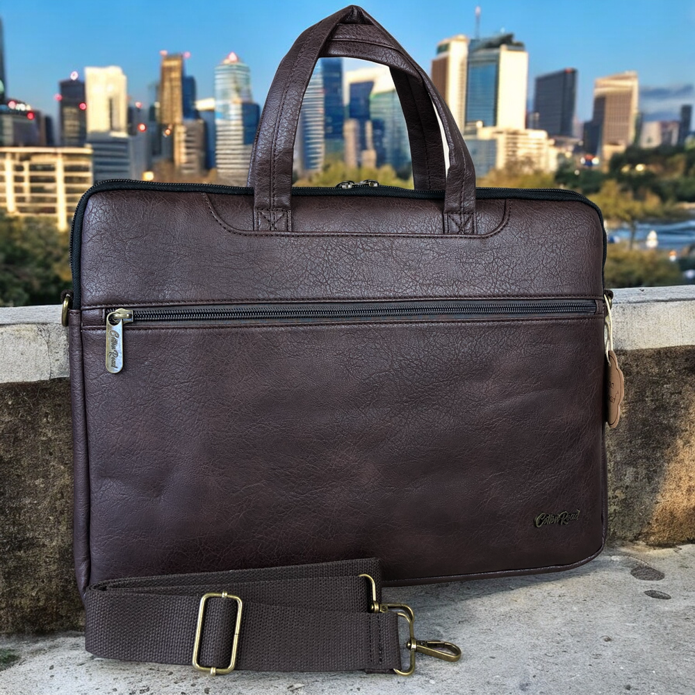 Cotton Road BROWN PU Leather 15'6 Padded Laptop Bag / Carry Sleeve