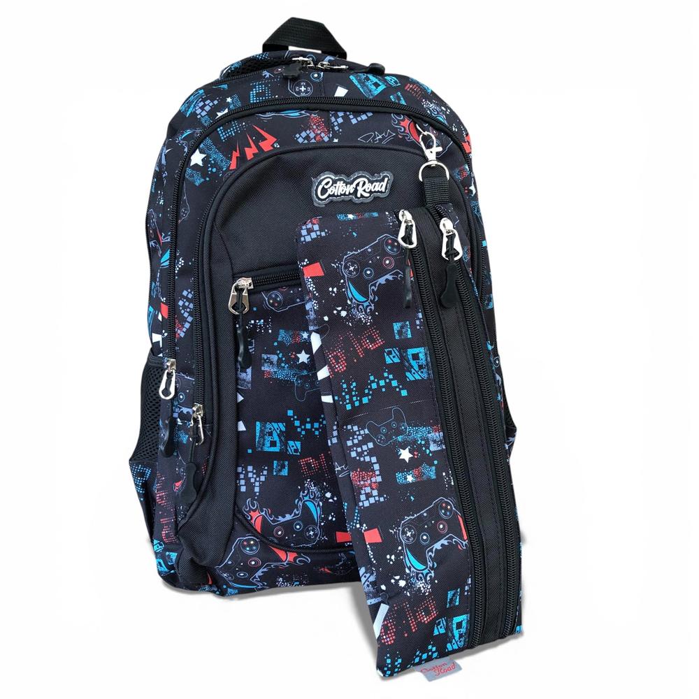 Cotton Road Backpack: BLACK Canvas Backpack and matching PENCIL CASE with GAMING Design