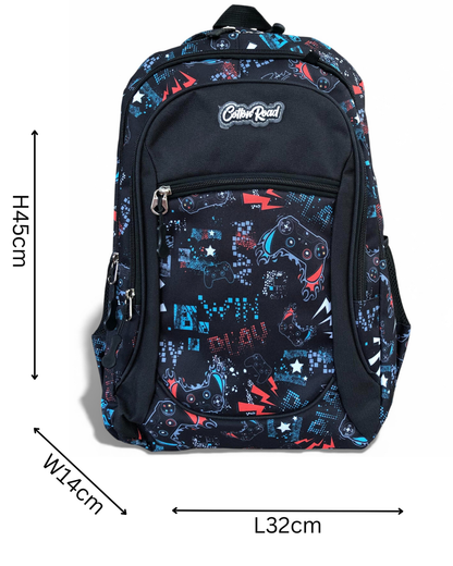 Cotton Road Backpack: BLACK Canvas Backpack and matching PENCIL CASE with GAMING Design