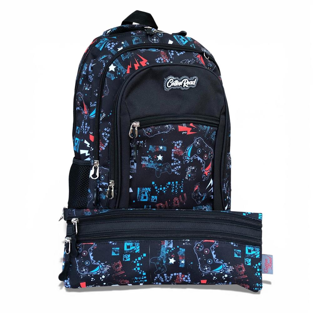 Cotton Road Backpack: BLACK Canvas Backpack and matching PENCIL CASE with GAMING Design