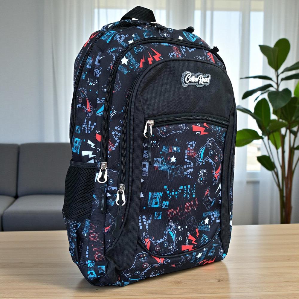 Cotton Road Backpack: BLACK Canvas Backpack and matching PENCIL CASE with GAMING Design