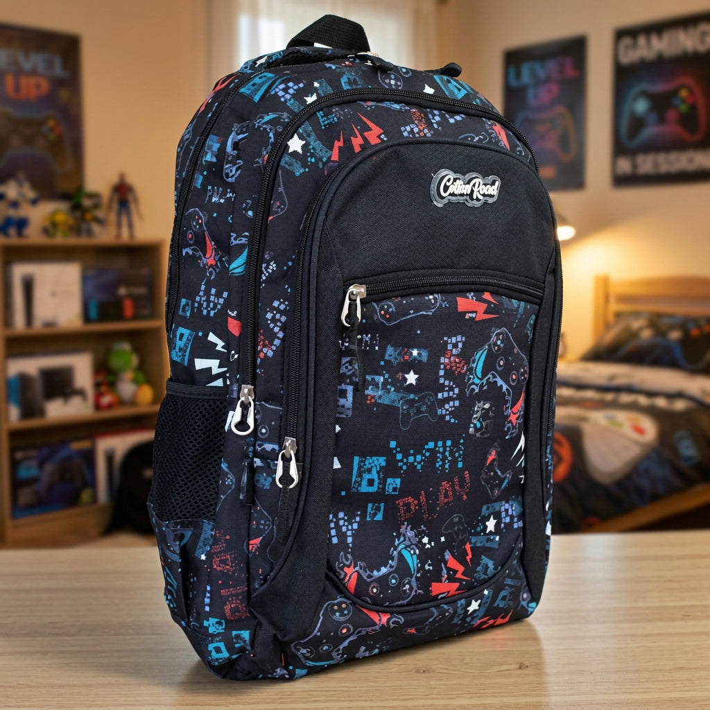 Cotton Road 2-Piece Backpack Set: BLACK CANVAS Backpack with Matching Pencil Case - GAMING Design