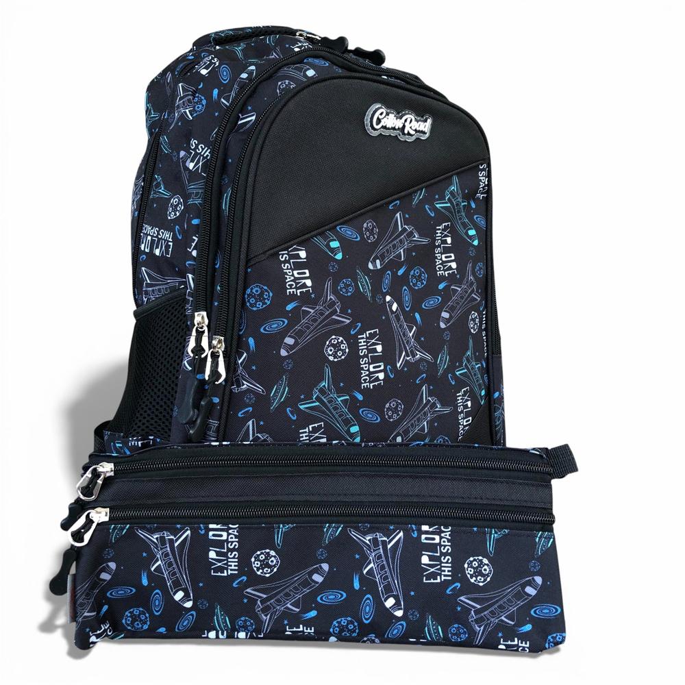 Cotton Road Backpack: BLACK Canvas Backpack and matching PENCIL CASE with SPACE Design
