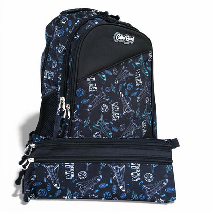 Cotton Road Backpack: BLACK Canvas Backpack and matching PENCIL CASE with SPACE Design