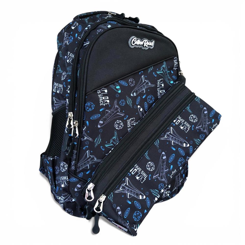 Cotton Road Backpack: BLACK Canvas Backpack and matching PENCIL CASE with SPACE Design