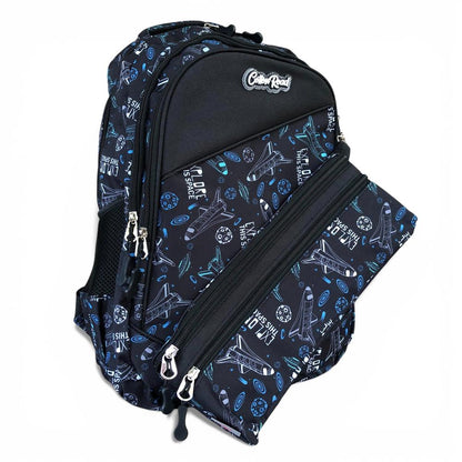 Cotton Road Backpack: BLACK Canvas Backpack and matching PENCIL CASE with SPACE Design