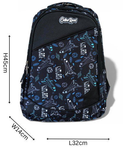 Cotton Road Backpack: BLACK Canvas Backpack and matching PENCIL CASE with SPACE Design