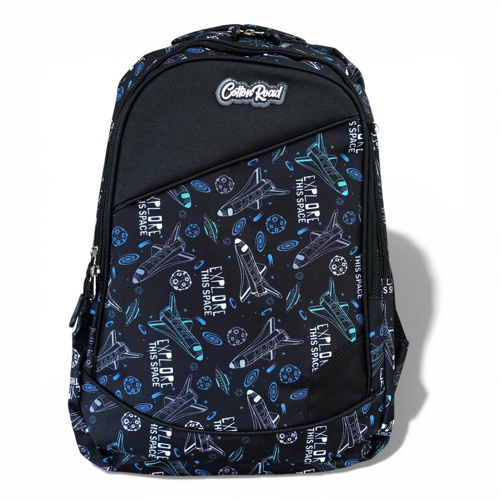 Cotton Road Backpack: BLACK Canvas Backpack and matching PENCIL CASE with SPACE Design
