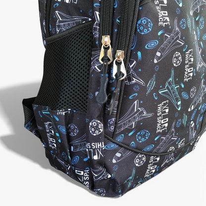 Cotton Road Backpack: BLACK Canvas Backpack and matching PENCIL CASE with SPACE Design