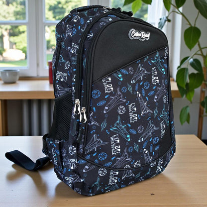 Cotton Road Backpack: BLACK Canvas Backpack and matching PENCIL CASE with SPACE Design