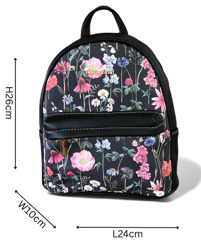 Cotton Road Backpack: BLACK PU Leather Mini Backpack with FLORAL Panel