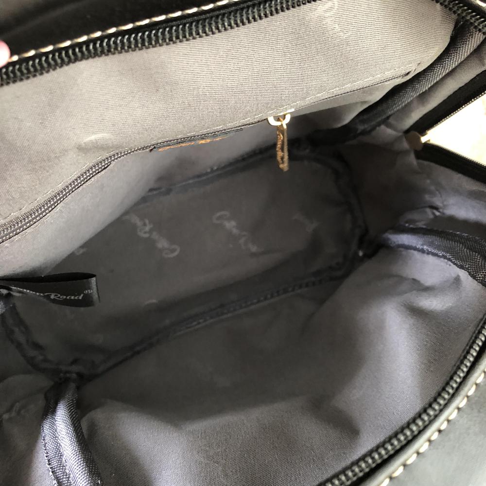 Cotton Road Backpack: BLACK PU Leather Mini Backpack with FLORAL Panel