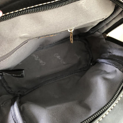 Cotton Road Backpack: BLACK PU Leather Mini Backpack with FLORAL Panel