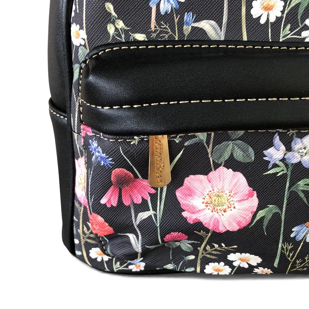 Cotton Road Backpack: BLACK PU Leather Mini Backpack with FLORAL Panel