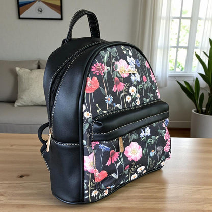 Cotton Road Backpack: BLACK PU Leather Mini Backpack with FLORAL Panel