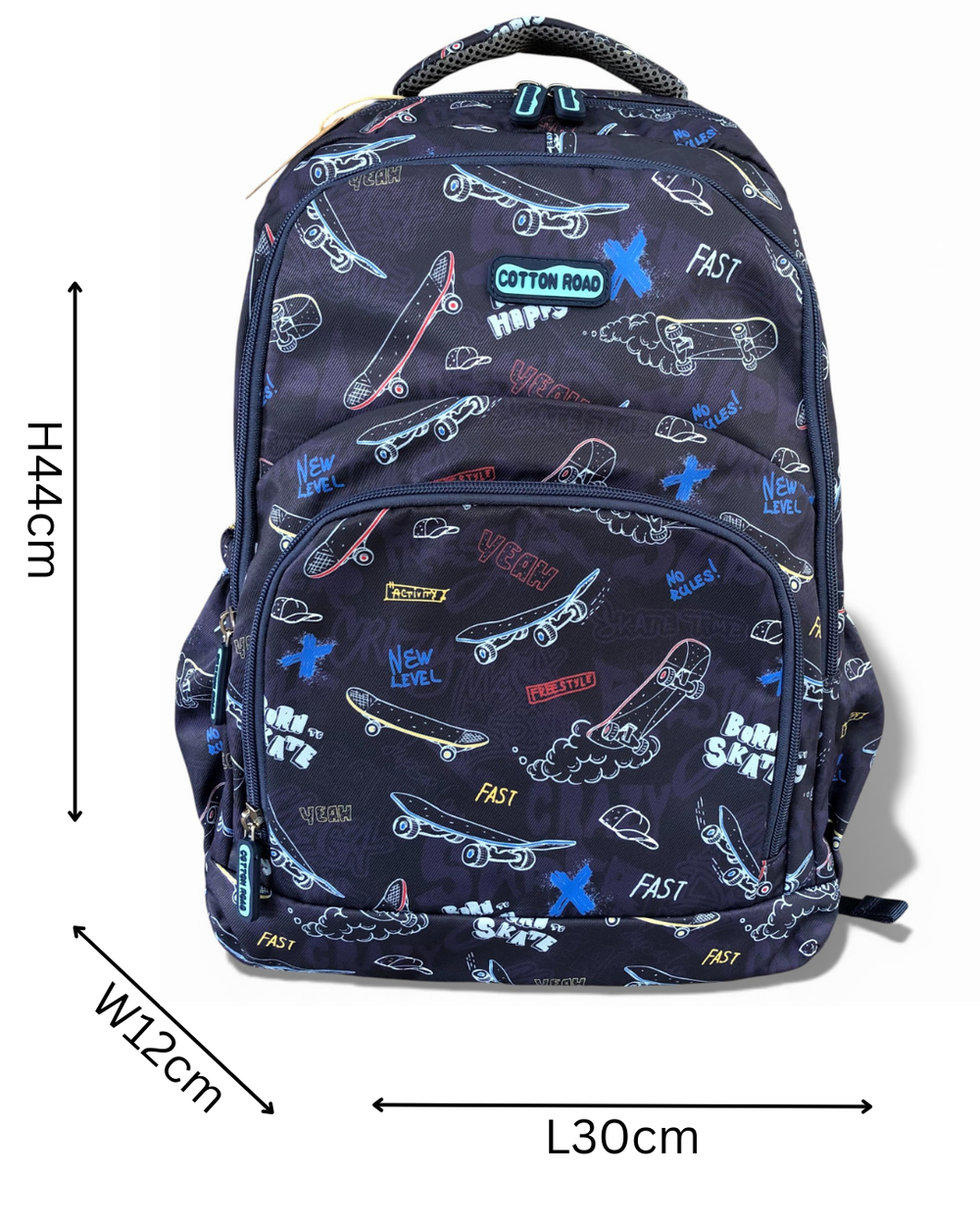 Cotton Road Backpack: BLUE Canvas Backpack with SKATEBOARD Design