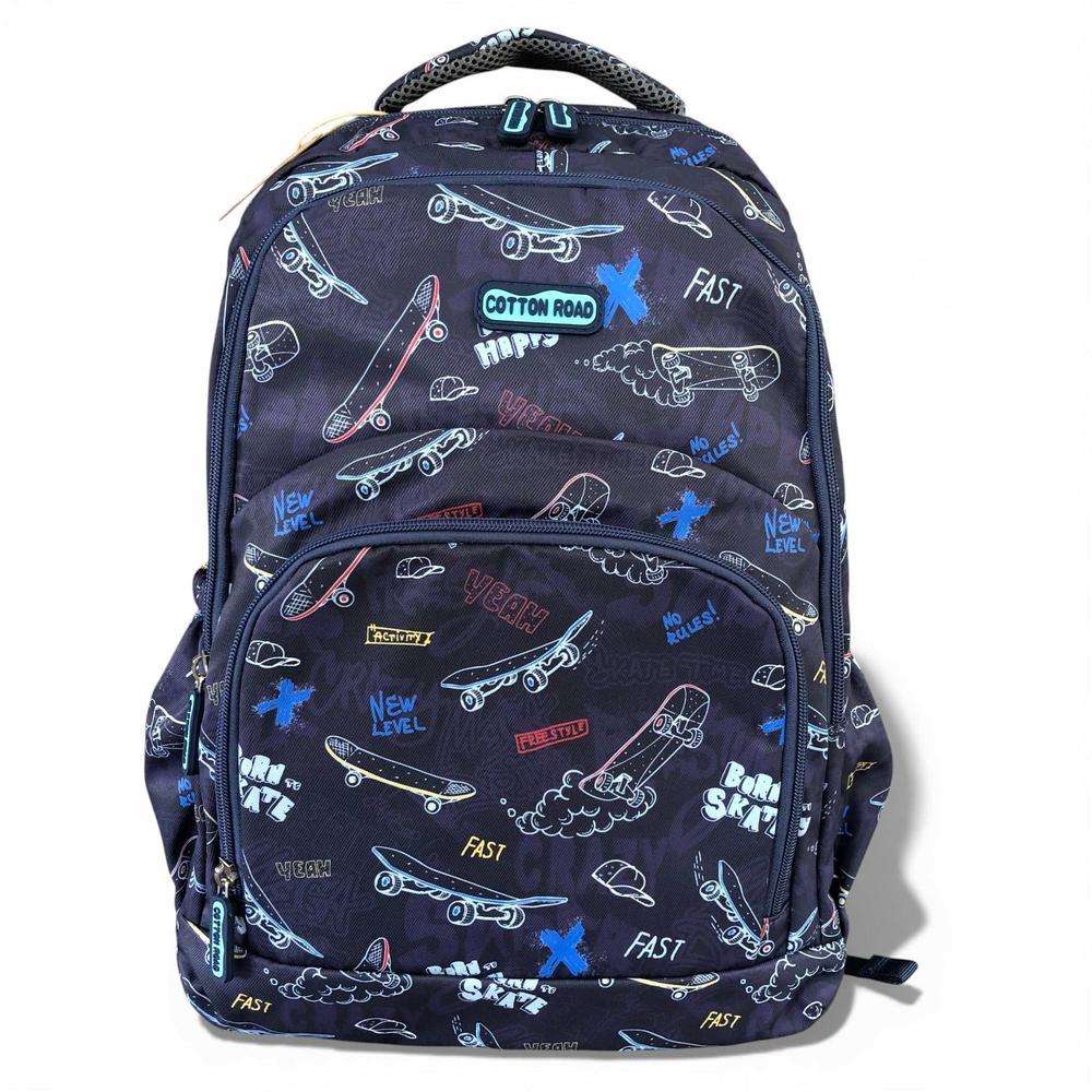 Cotton Road Backpack: BLUE Canvas Backpack with SKATEBOARD Design