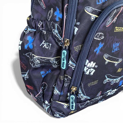 Cotton Road Backpack: BLUE Canvas Backpack with SKATEBOARD Design
