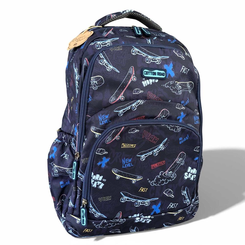 Cotton Road Backpack: BLUE Canvas Backpack with SKATEBOARD Design